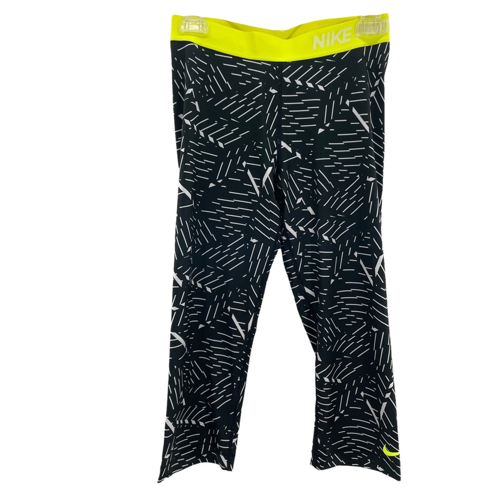 Nike Pro Dri-Fit Black White Flourescent Yellow Calf Length Yoga Pants In Medium